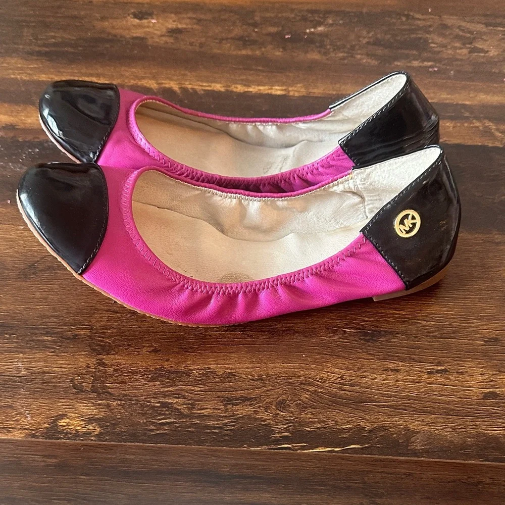 Michael Kors Hot Pink Flats with Black Patent Cap Toe